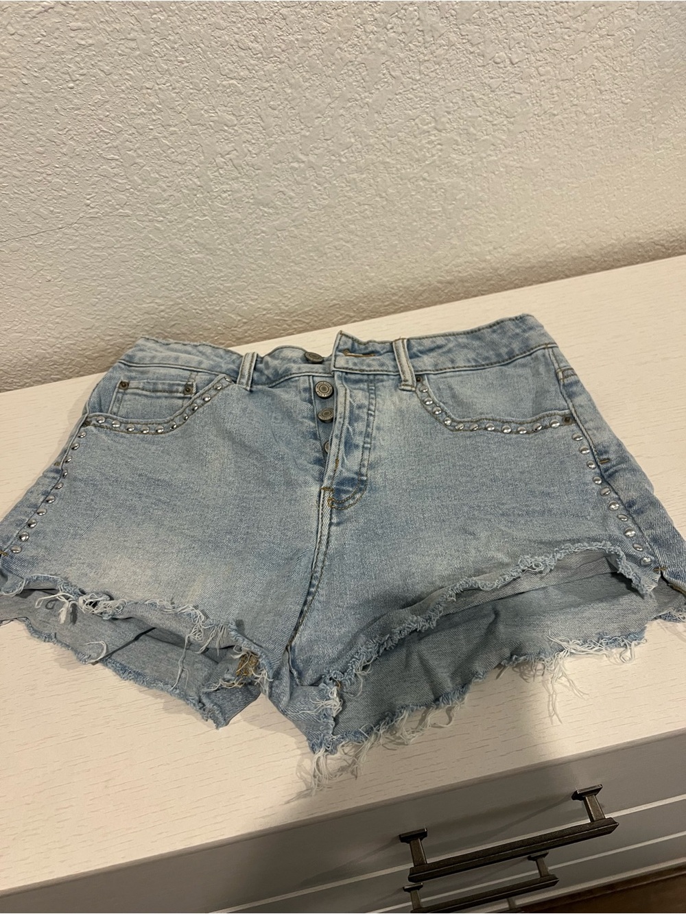 Vanilla Star Light Blue Studded Distressed Denim Shorts